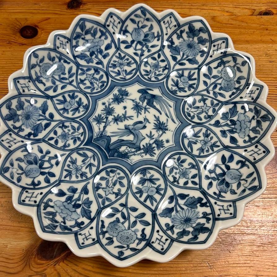 Amazon.co.jp: 三洋陶器 龍峰窯 花鳥図 染付 間取 大鉢 輪花鉢 大皿 古