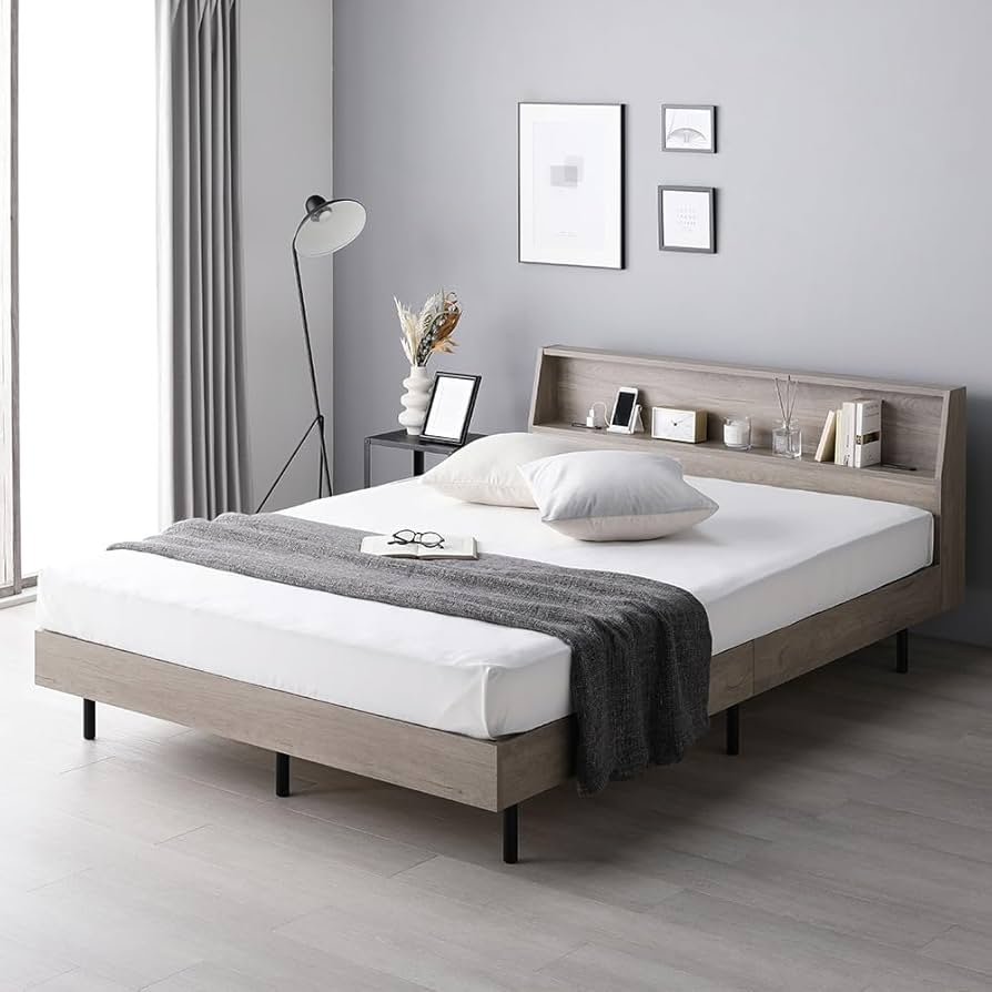 Amazon｜RASIK ベッド ダブル フレームのみ グレージュ 棚付き