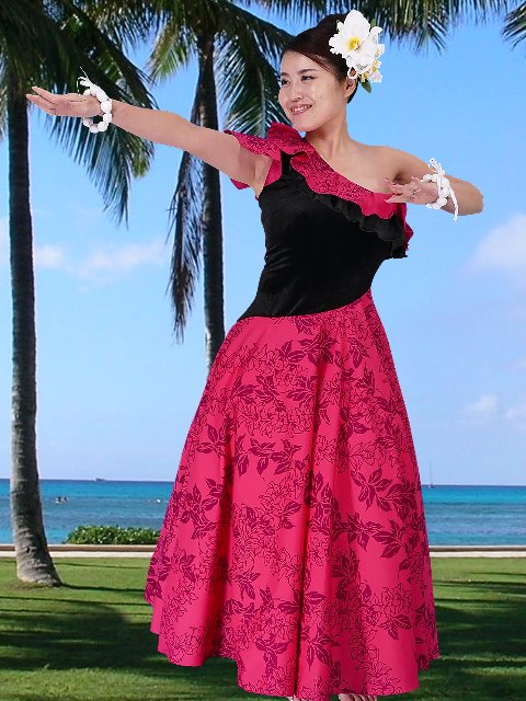 フラダンス ワンショルダー ベルベット斜め切り替え ドレス レッド