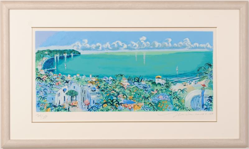 海の絵画をシルクスクリーンの版画で制作した平野琳人の海の絵「青い風