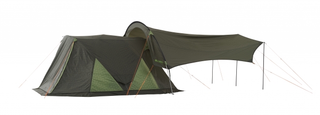 大型アーチフレームによって開放感抜群の新型タープ「AKUBIタープ