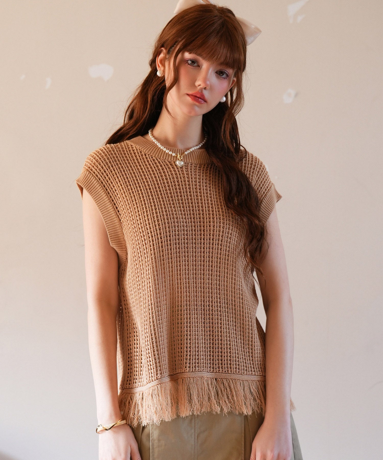 透かし編みフリンジデザインサマーニットsdpxyf6108 ベージュ – [公式