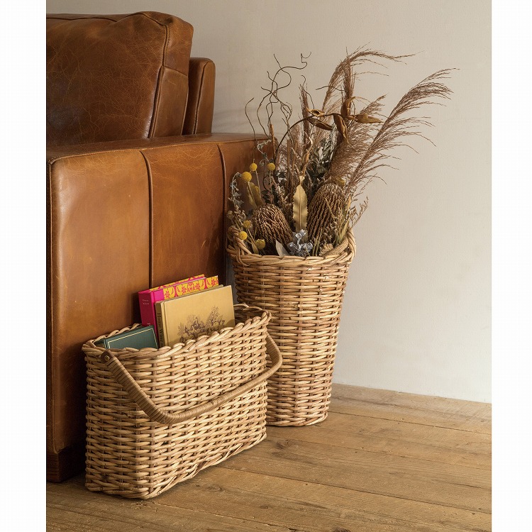 バスケット 収納 編み ラタン カゴ かご 茶色 系 丸 ラウンド 縦型