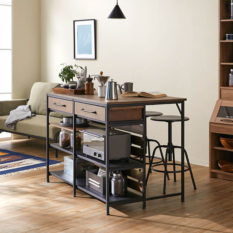 キッチン収納(ブラウン/ハニー+ブラック)キャスター付きで異素材MIX