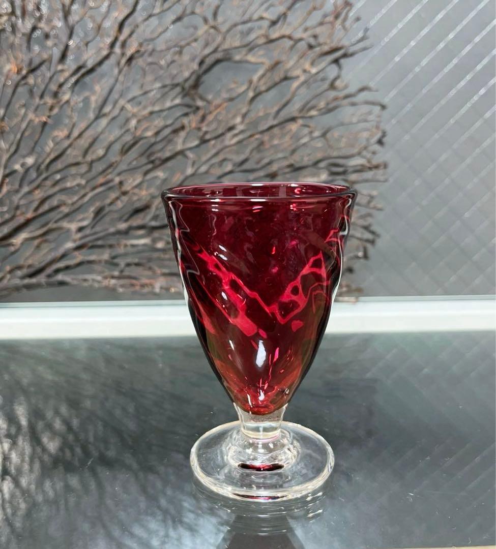 骨董 時代 希少金赤ガラス モールガラス調 流線型 アイスコップ ウラン