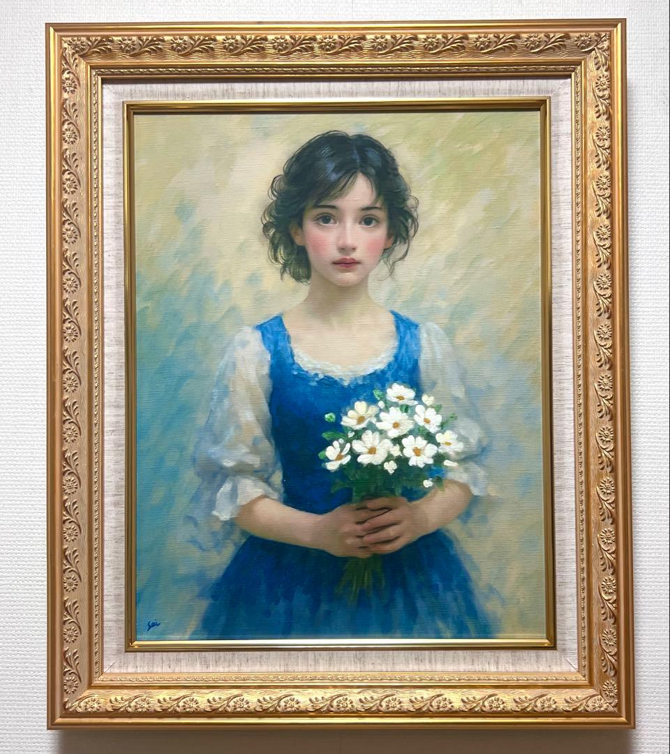 F6号)青谷誠一【花を抱く少女】表サイン有/共シール有/真作/油彩