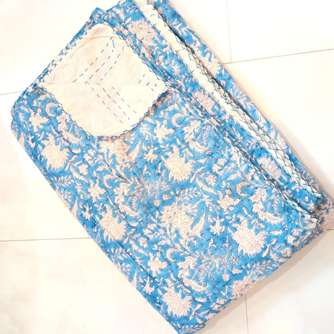 L】花柄 ハンドブロックプリント カンタキルト ソファカバー ブルー 760