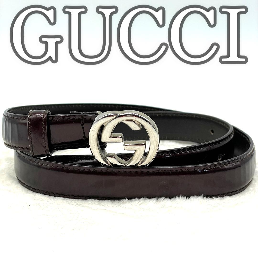 【人気】GUCCI グッチ インターロッキング エナメル 細ベルト 茶色 アウトレット直営店】GUCCI インターロッキング GG ベルト (GUCCI