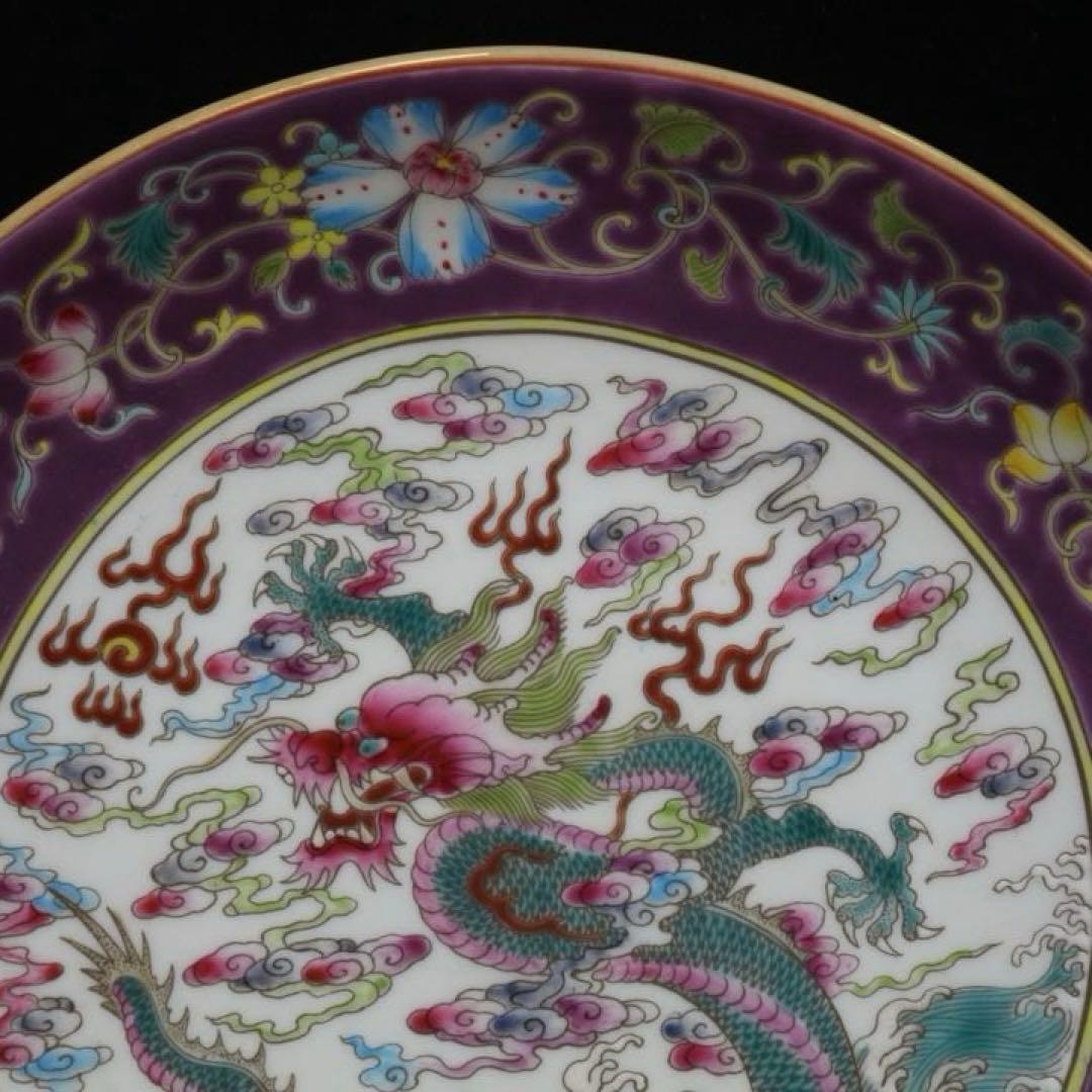 旧家蔵出清国時代大型雍正琺瑯彩 海水龍紋皿 逸品置物