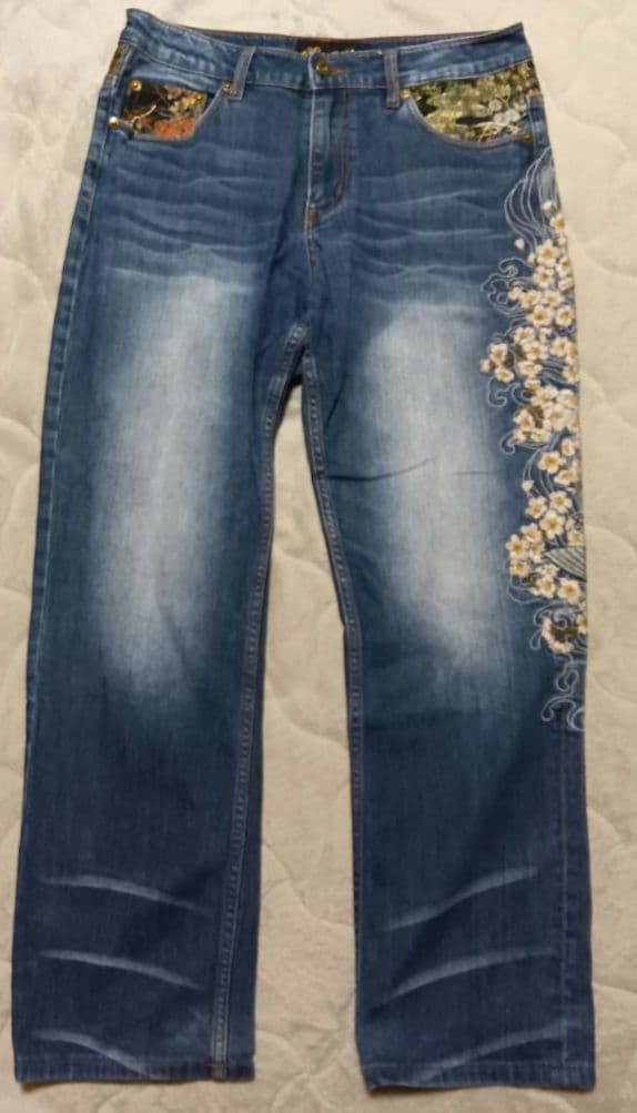 雅結】雅結 鯉 和柄刺繍デニムパンツ 32 鬼ヒゲ