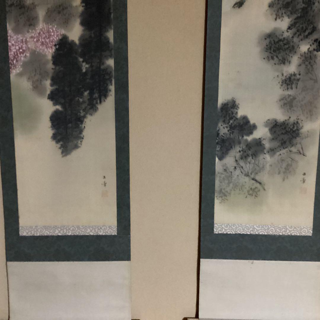 O-24 双鶴春景 掛軸 2本セット ホビー・楽器・アート 美術品