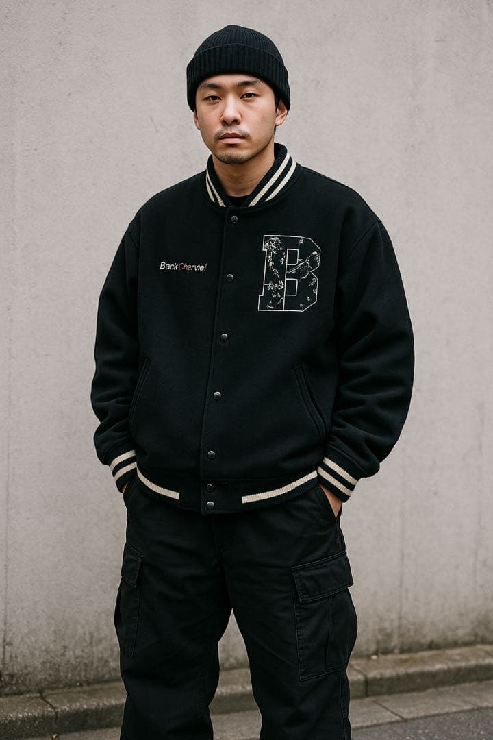 バックチャンネル 中綿入り スタジャン ウール ロゴ刺繍 ワッペン 黒 XL