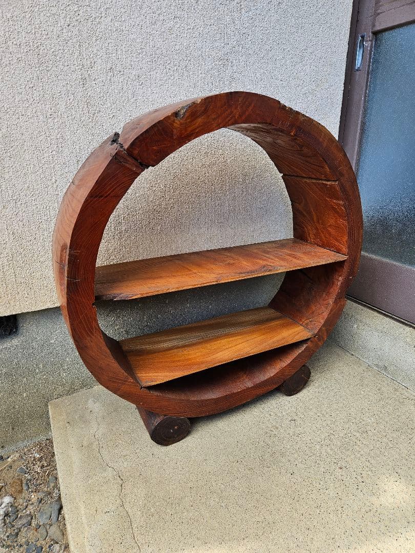 欅の飾り棚 木製 無垢 シェルフ オープンラック 丸型 和室 古民家 和