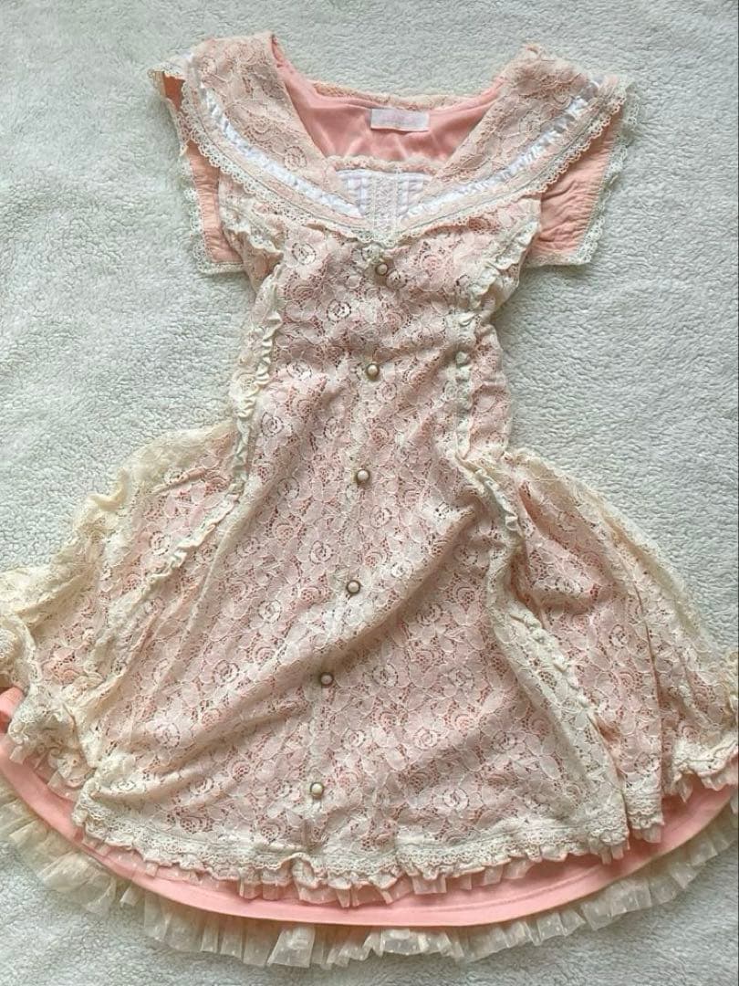 00s 希少 LIZLISA ビッグリボン ピンクパワネ総レースミニワンピ 姫系