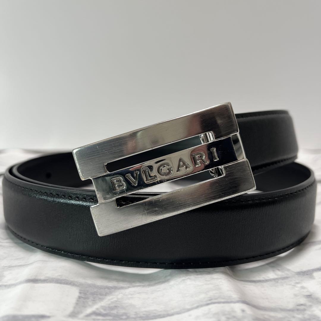 ブルガリ ベルト レザー 本革 黒 シルバー金具 スクエア トリプル