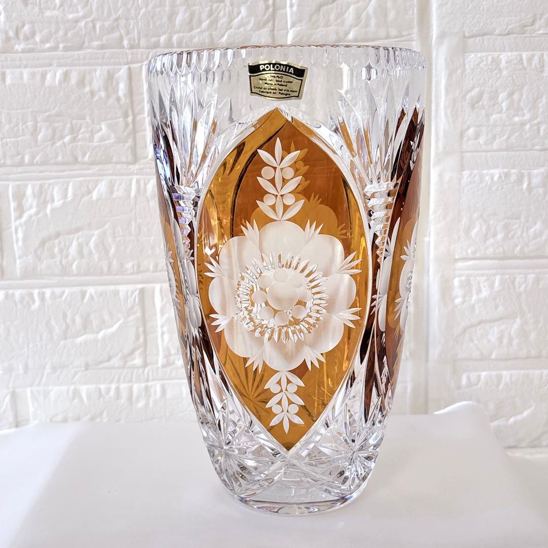 新品未使用】PORONIA 高級カットガラス花瓶 琥珀色 エレガントな逸品