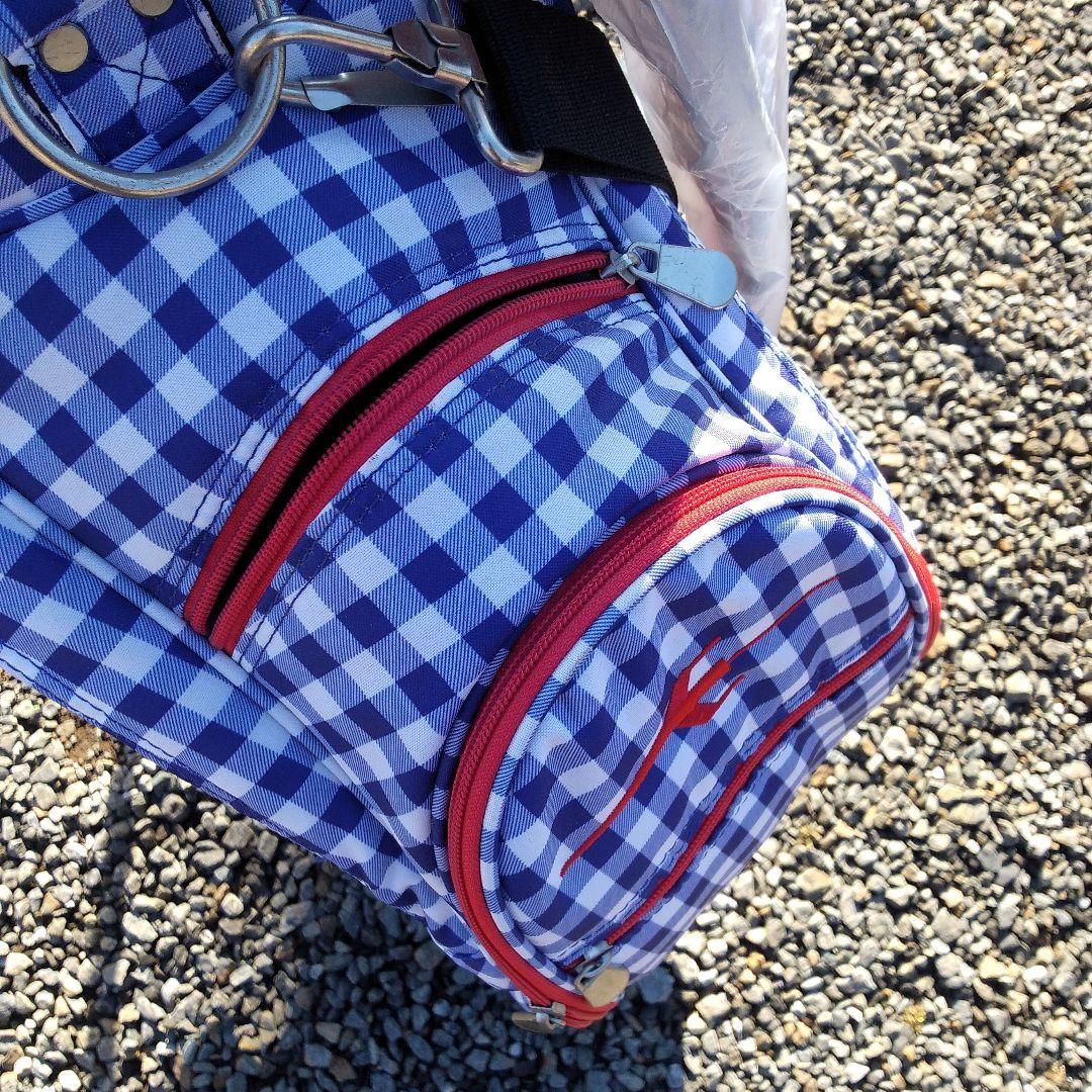 トランスコンチネンツキャディバッグスタンド式チェック青✕赤中古