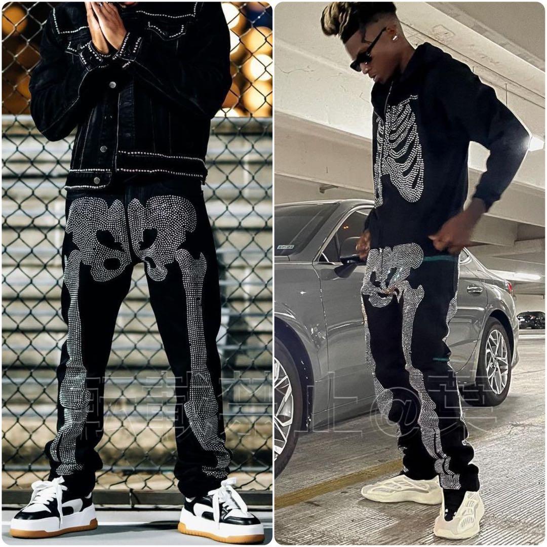 33/L ミニマルmnml シルバーラインストーンデニム スケルトンパンツ