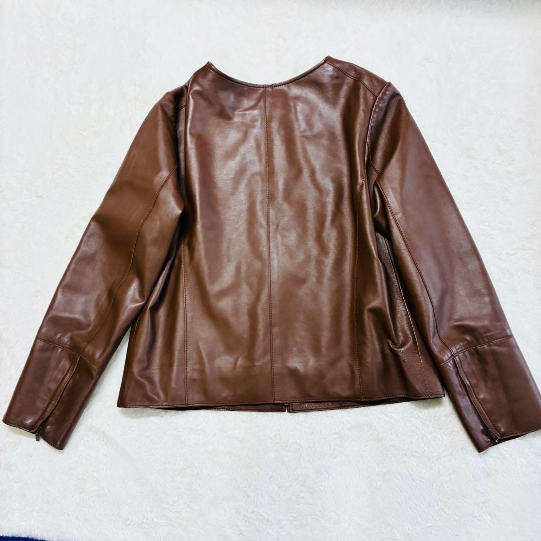 美品 23区 山羊レザージャケット ノーカラー ブラウン 3XL（4L)サイズ