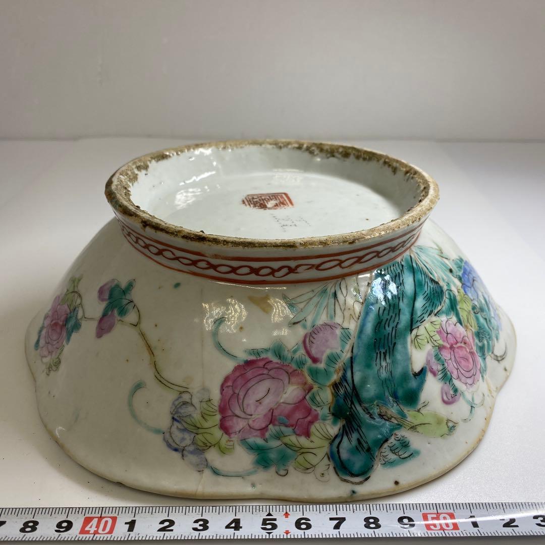 中国清時代 粉彩花鳥画鉢 幅約22㎝ 東Y7-0331②タサオ