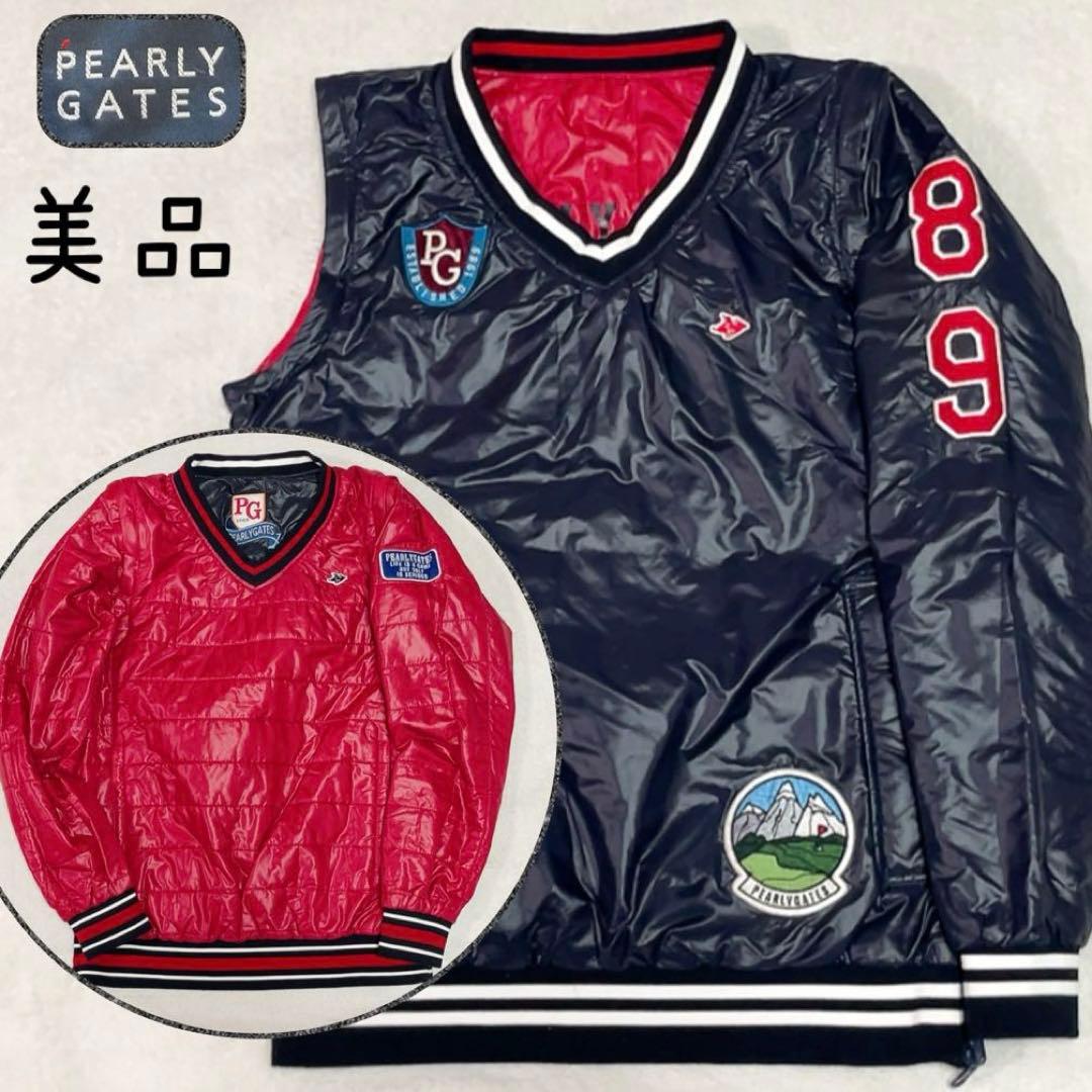 美品　 パーリーゲイツ　リバーシブル　4way　中綿　スニード　ベスト　レッド 美品 パーリーゲイツ 4WAY 中綿ワッペンリバーシブルブルゾン スニード