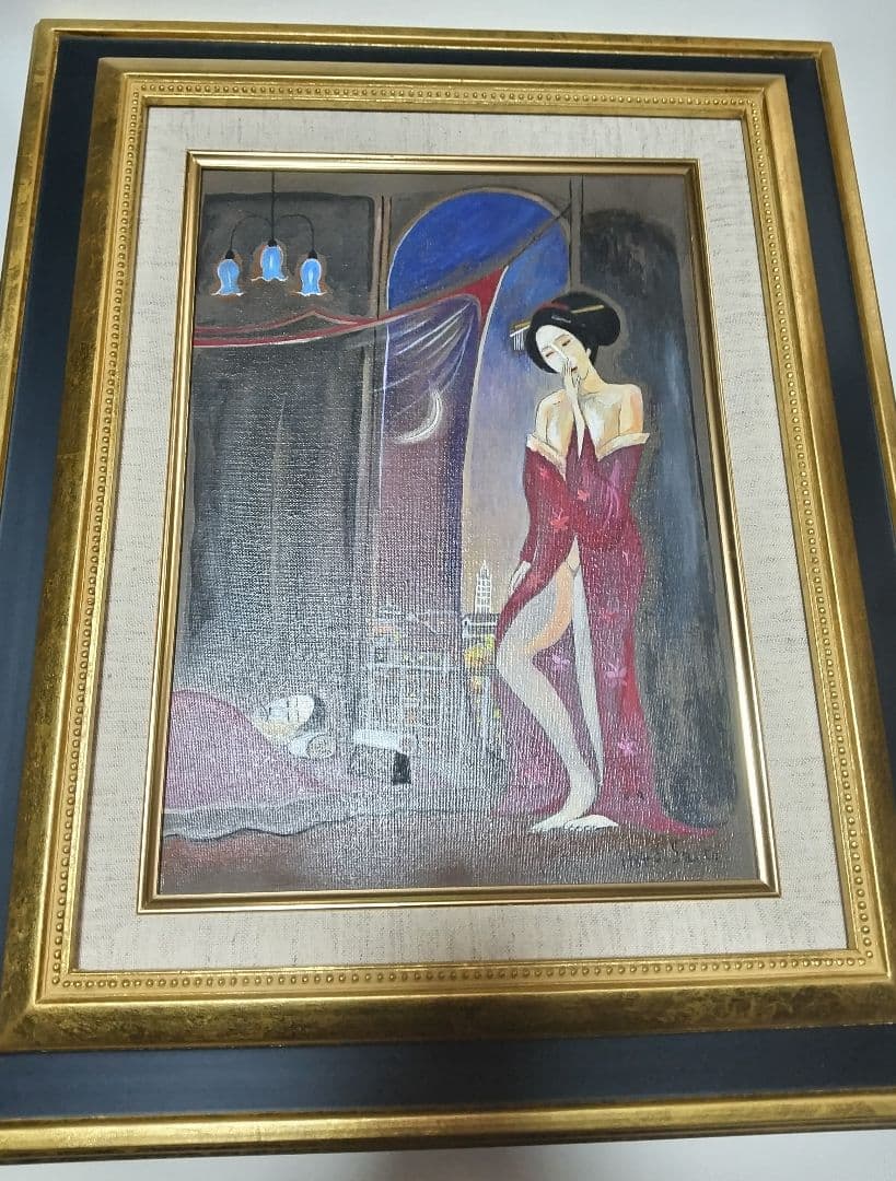 斎藤真一、絵画、油彩4号、蚊帳の月、高級額縁、肉筆、片岡球子、鴨居