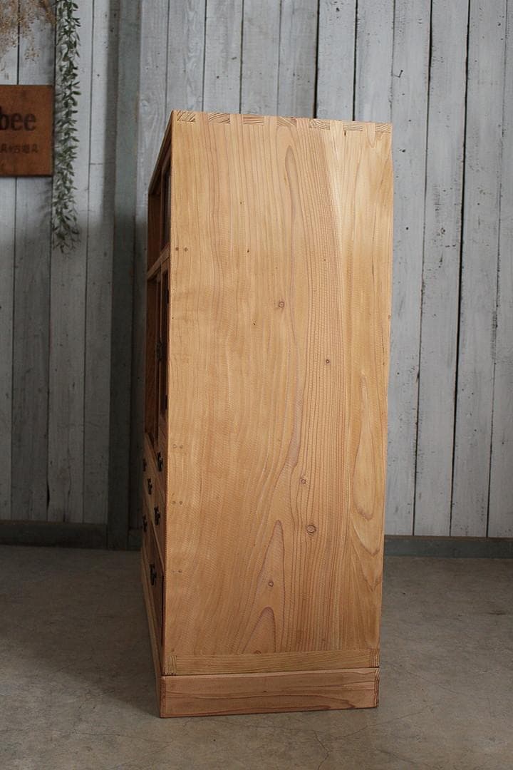 古い木枠のガラス戸棚 木製引き出し6杯 食器棚 本棚 キャビネット 古