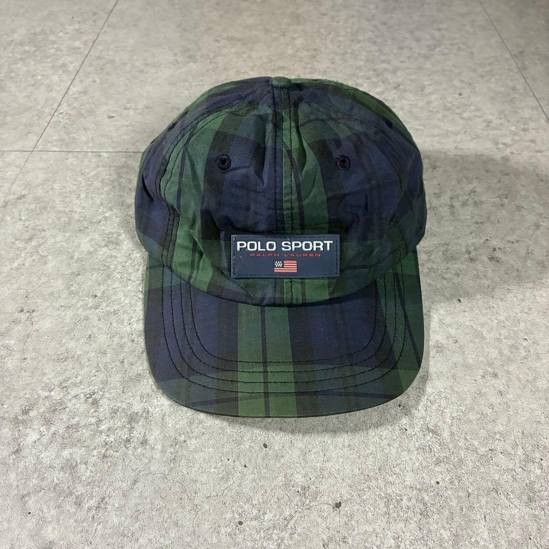 90s POLO SPORTポロスポーツキャップ星条旗ブラックウォッチラルフ 90s 90年代 ポロラルフローレン スポーツ ポロスポーツ 帽子 青 ブルー