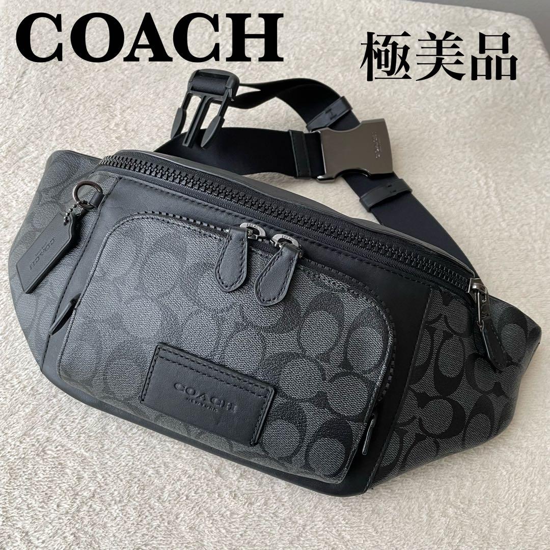 極美品】 COACH ボディバッグ シグネチャー チャコール PVC ロゴ