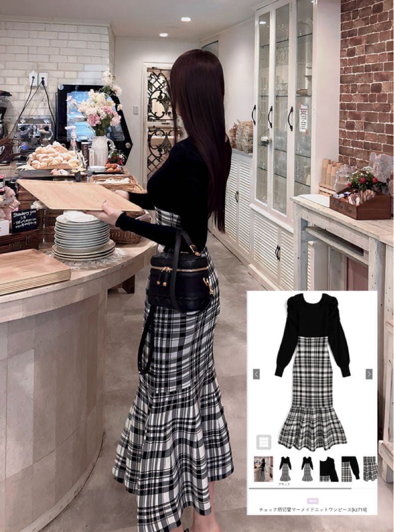 チェック柄切替マーメイドニットワンピース[kz719] - メルカリ