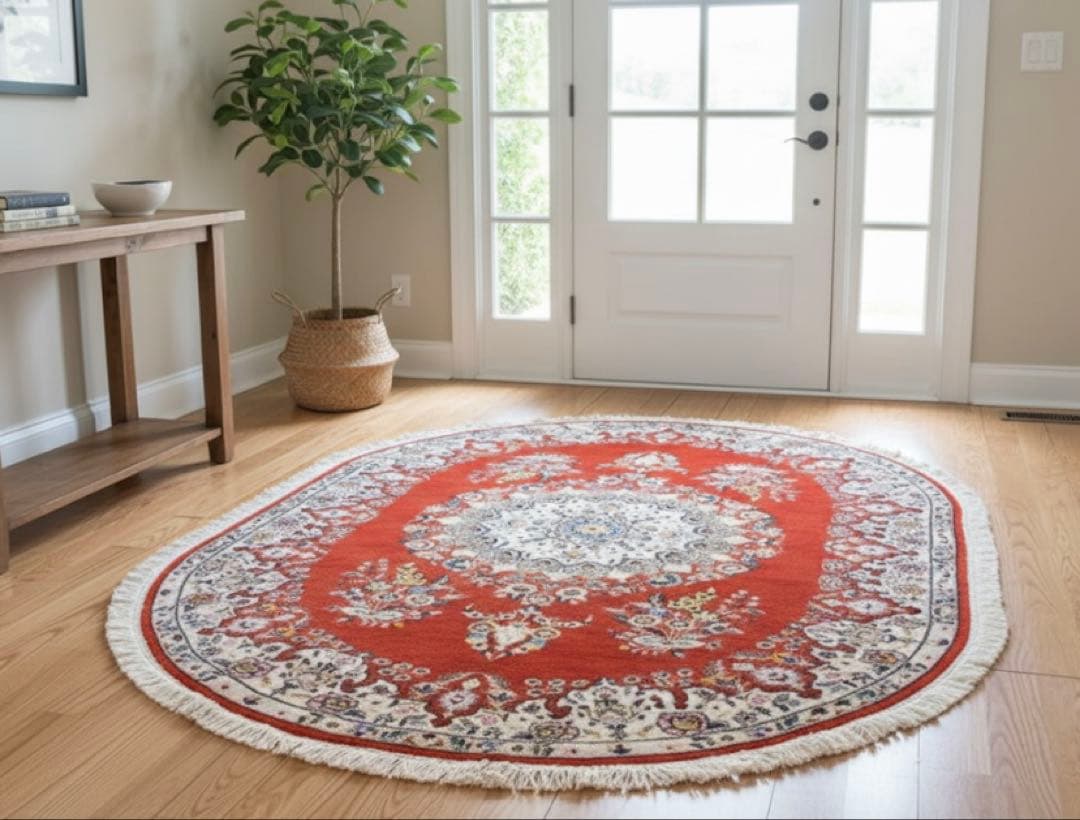 ペルシャ ナイン産 書斎 玄関 140×94 楕円形 茜色 花束 - メルカリ