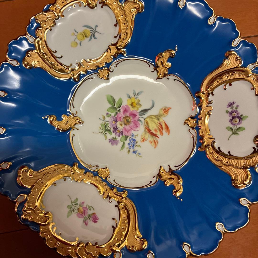 美品　マイセン　グランツゴールド　飾皿 Meissen 古マイセン／グランツゴールド／紺碧の青地 飾り皿「薔薇と