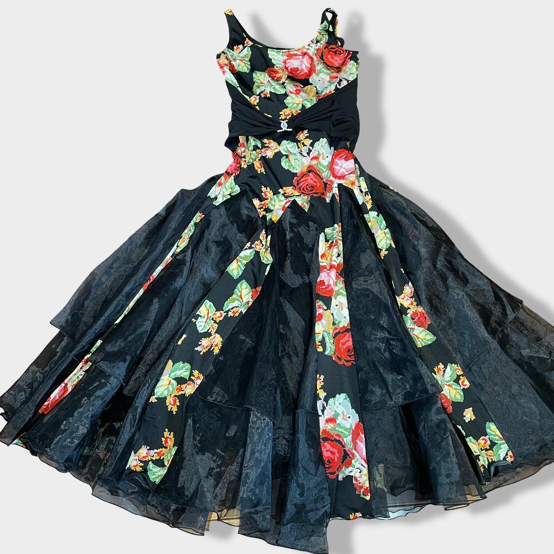 美品】イチオク 社交ダンス ドレス ワンピース 花柄 ローズ ティアード
