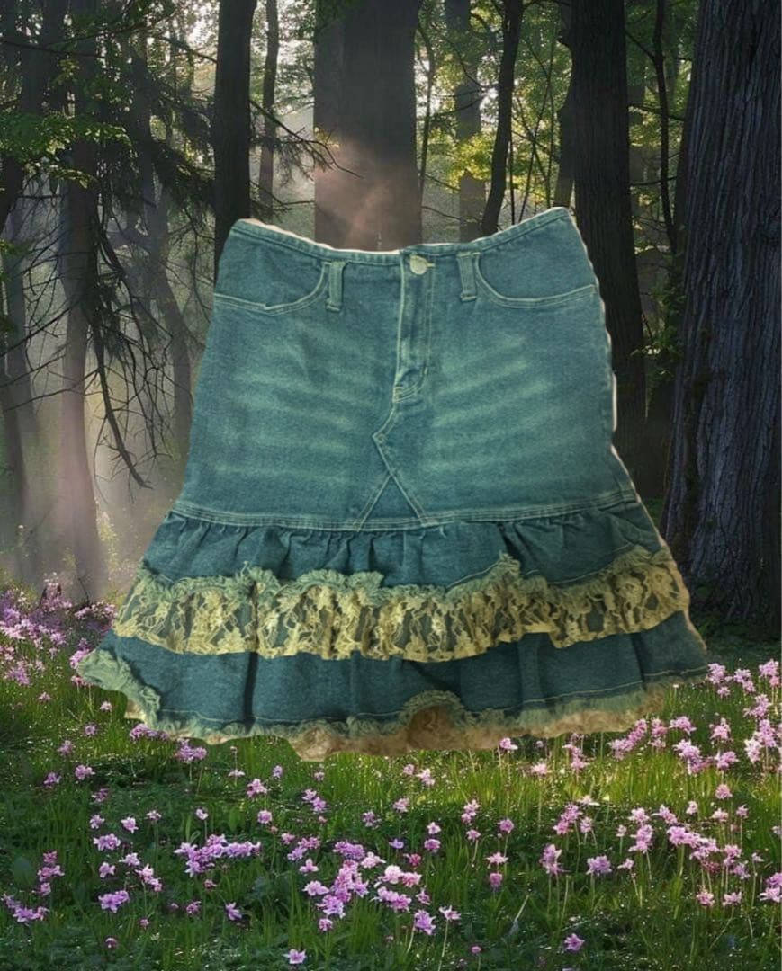 森ガール フェアリーグランジ 00s デニムフリルレーススカート