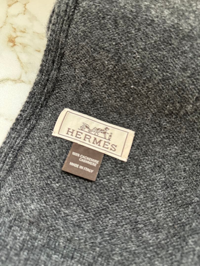 HERMES グレー ケーブル編み マフラー カシミア100%