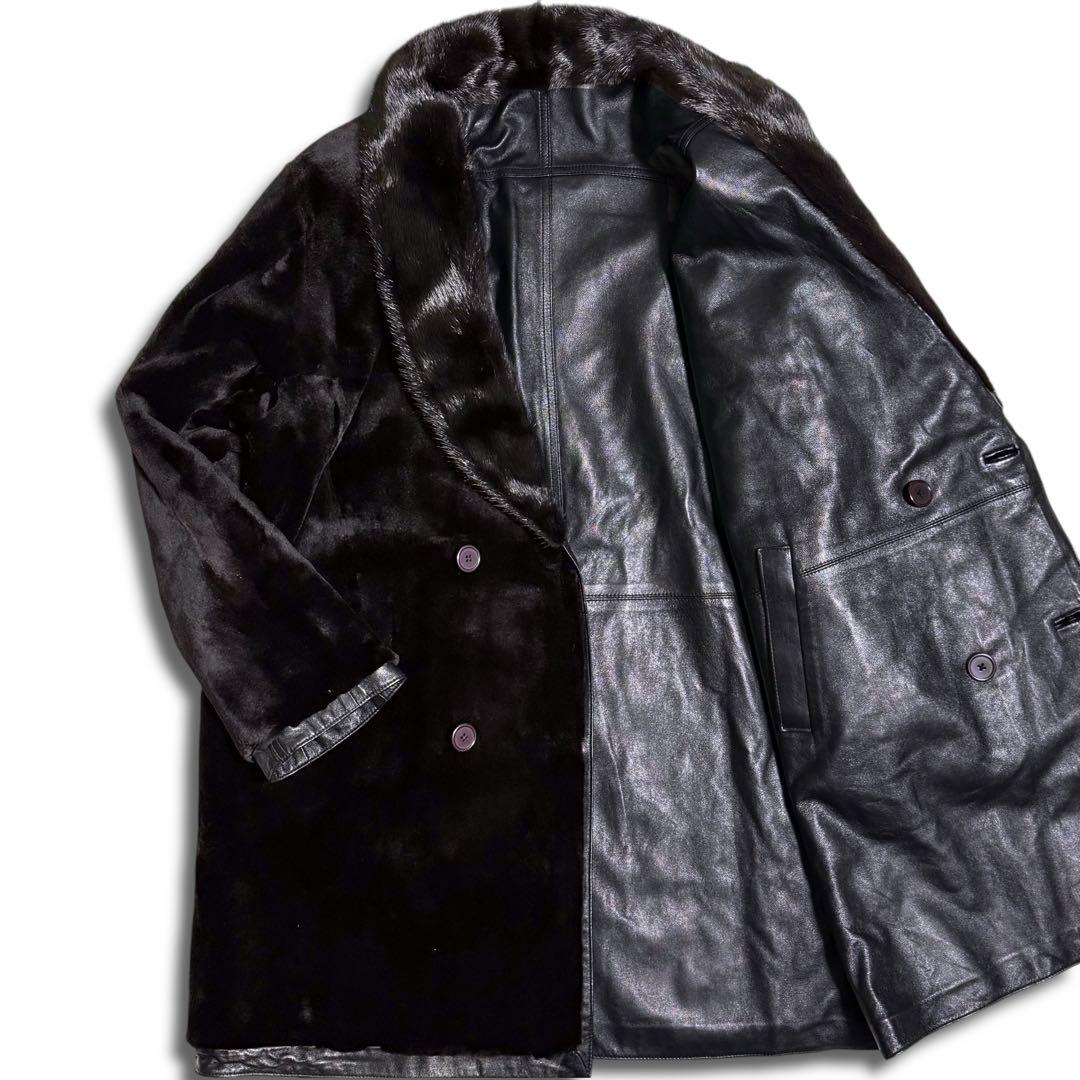 【とち さん】ミンク×レザー ダブルコート リバーシブル 本毛皮 本革 メンズ レザーコート 本革 トレンチコート 本革コート ダブルボタン ミドル丈