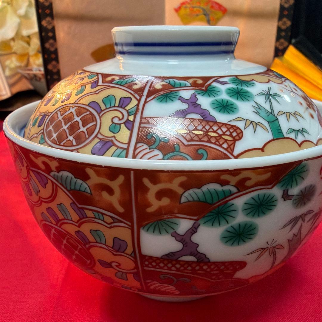 AZ たち吉金彩赤絵角皿　香泉作ミニ3段　 赤絵揃い　No.4-28