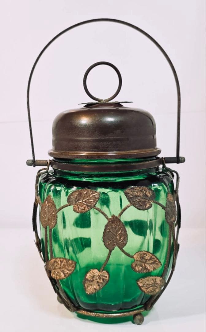 1964年製オルゴール昭和レトロ真鍮キャンディ緑ガラスポット雑貨
