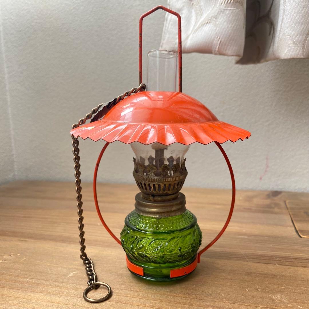 レア 緑 オイルランプ ガラス 傘 チェーン 付 エンボス ホヤ - メルカリ