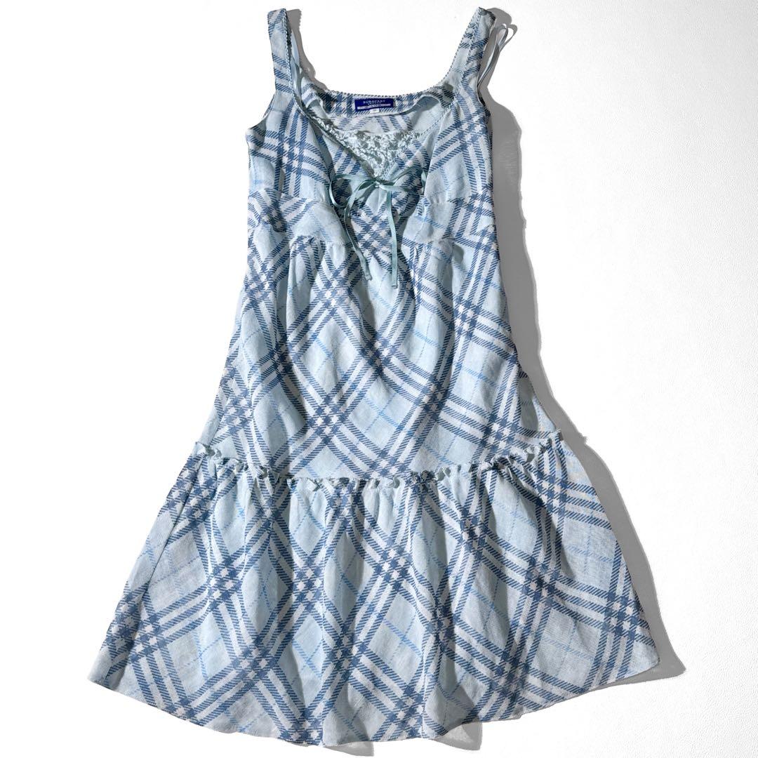 バーバリーブルーレーベル ノバチェック ノースリーブワンピース リボン 麻