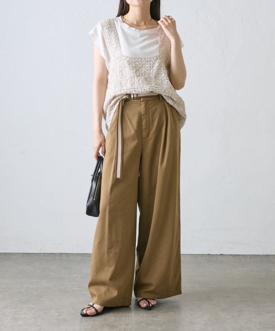 ピュアルセシン　ブラウン ワイドパンツ ベルト付き チノ素材 ベルト付きタックパンツ | PUAL CE CIN(ピュアルセシン)レディース