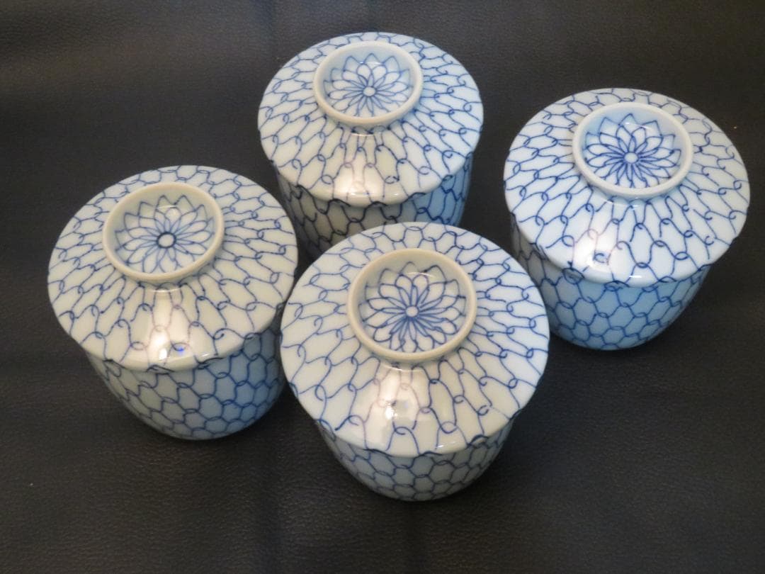 ◇401◇青網蓋付湯呑 芳山 網目 4客 和骨董 japanese