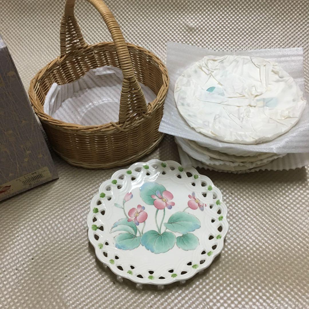 0653　富永陶園 ポピーすかし絵変わり ケーキセット カゴ付 0653 富永陶園 ポピーすかし絵変わり ケーキセット カゴ付 0653 富永陶