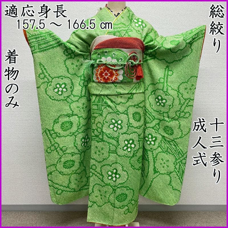 601aj56◎振袖のみ 総絞り ハーフ成人式 十三参り 梅 黄緑◎ - メルカリ