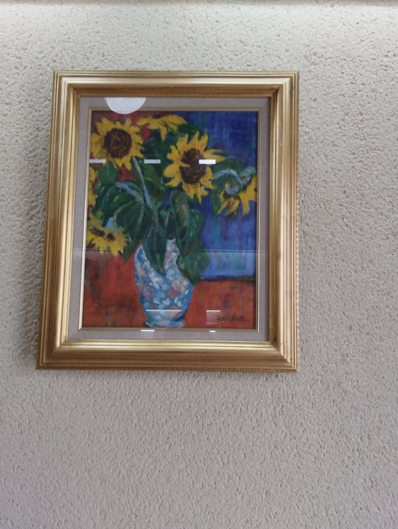 油絵・画家・尾形民子「ひまわりと白い花の油彩画」※新品