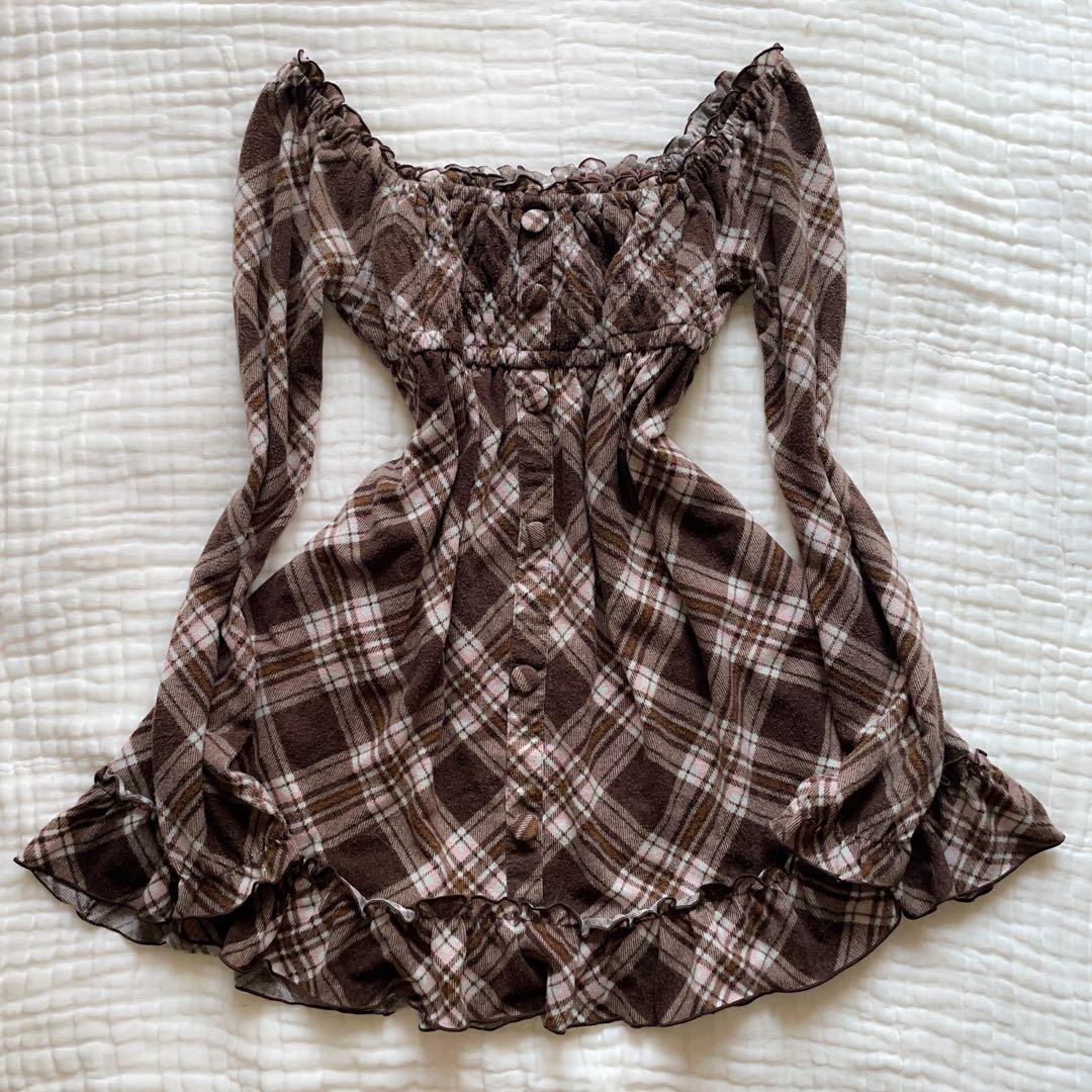 00s 希少 LIZLISA オフショルチェック柄シャーリングフリルミニワンピ
