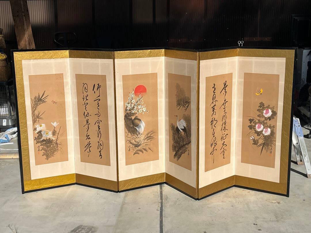日本画 屏風 花鳥　骨董品 日本画 屏風 花鳥 骨董品 日本画 屏風 花鳥 骨董品 花鳥図屏風 文化