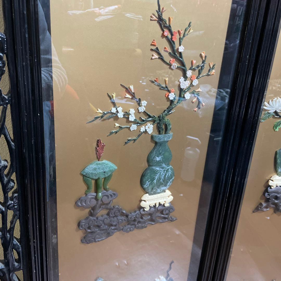 高級 中国美術骨董品 中国屏風 天然石 翡翠 珊瑚 縁起物 風水 - メルカリ