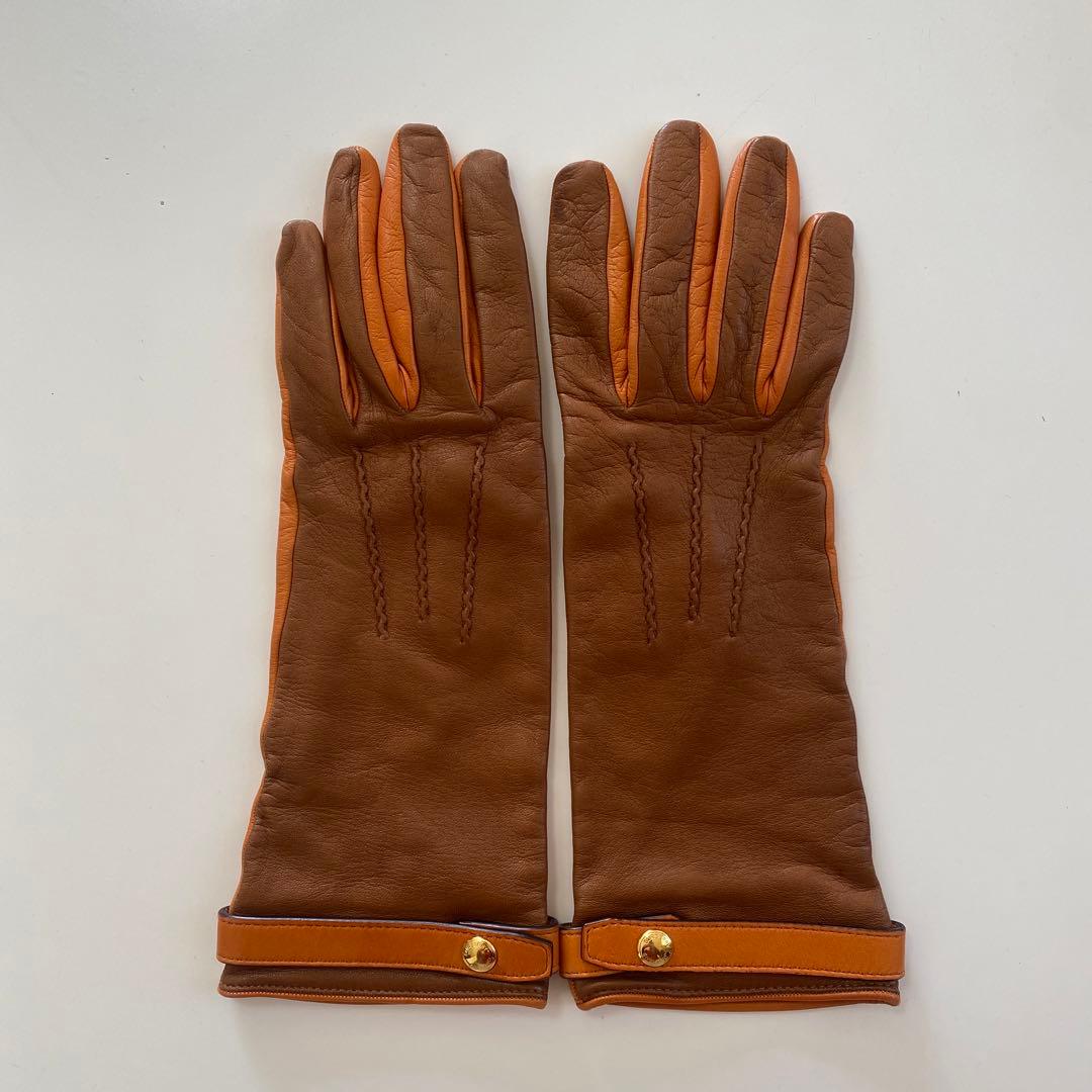 美品 バーバリー レザーグローブ 革手袋 ブラウン×オレンジ サイズ6.5