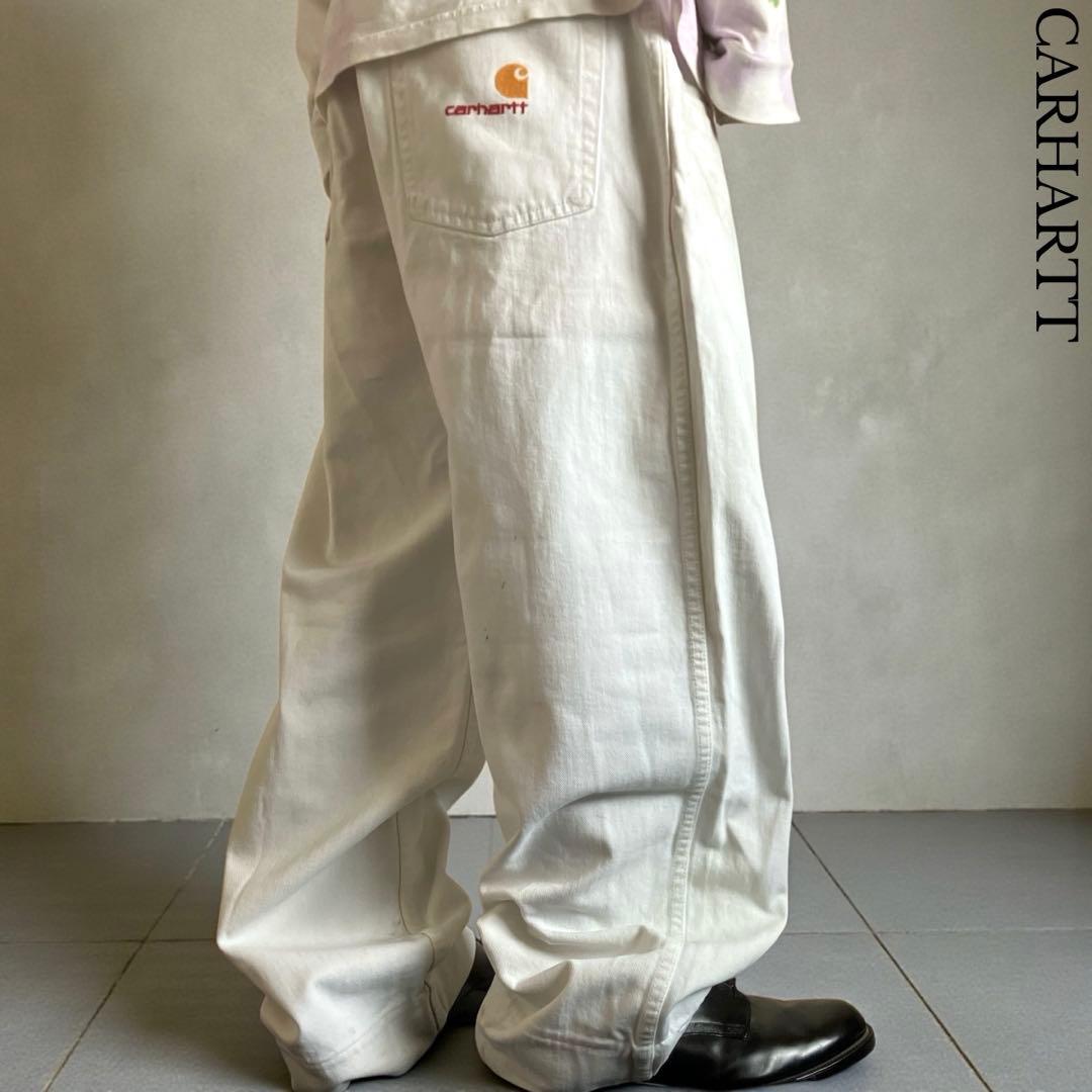 極太90s carhartt バギーホワイトデニム ワンポイント刺繍ヘビーオンス 大人気Carhartt 革ロゴ 極太90s carhartt バギーホワイトデニム ワン